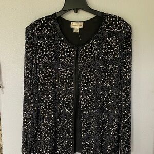 Laurence Kazar Black Beaded Open-Front Jacket